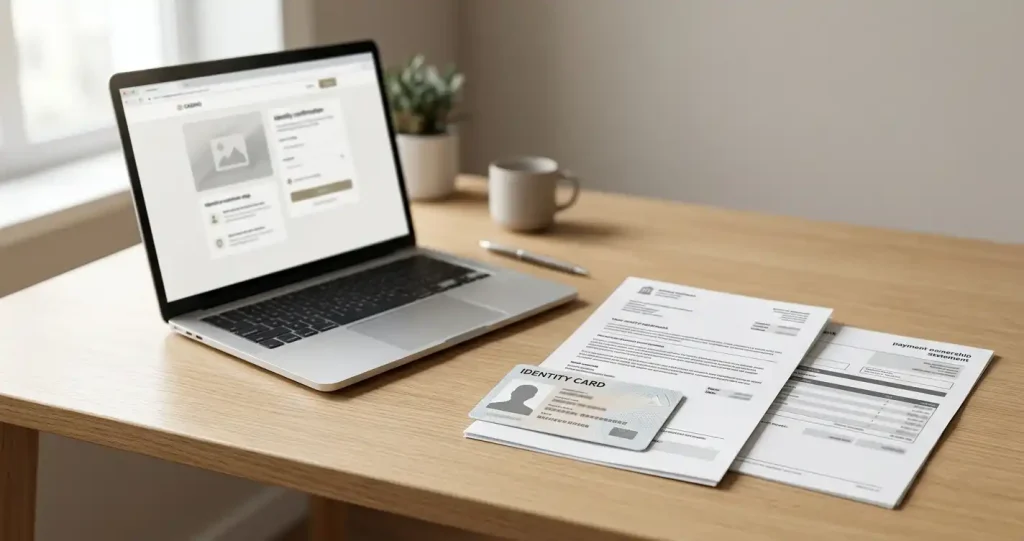 Dokument tożsamości, potwierdzenie adresu i laptop jako neutralna ilustracja procesu KYC
