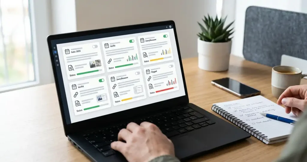 Ekran analizy opinii online z ikonami daty, źródła i statusu sprawy