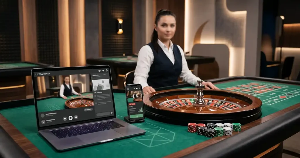 Elegancki stół ruletki na żywo oglądany równocześnie na telefonie i laptopie bez znaków marek