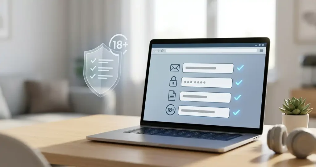 Neutralny formularz rejestracji online z ikonami adresu e-mail, bezpiecznego hasła i wieku 18 plus